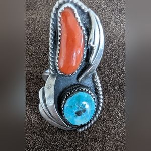 Vintage Navajo Turquoise and coral ring